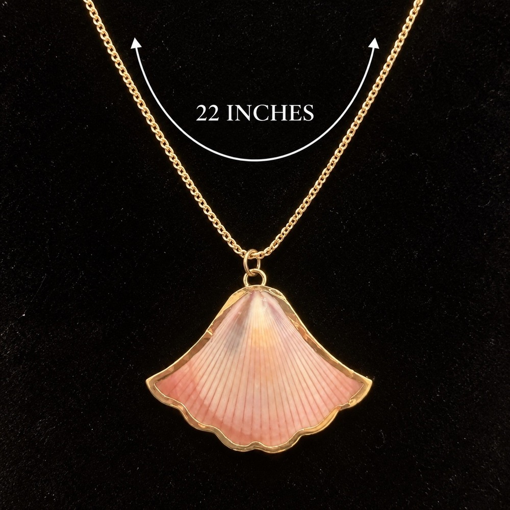 Vtg Natural Pink Seashell Pendant Necklace Gold Tone 22" Fan Shell Coastal